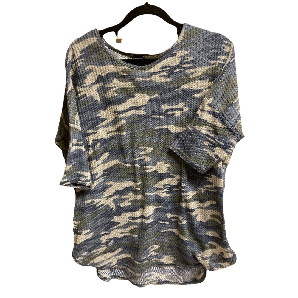 Lildy Women's 3/4 Sleeve Camo Print Waffle Knit Tunic Size S-M Green Multicolor